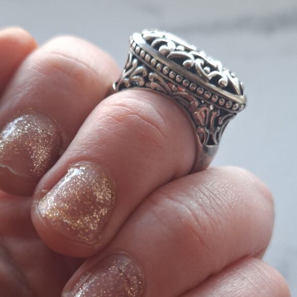Sterling Silver Open Filigree Sideways Beaded Scroll Ring 7.25 womens vintage - Picture 4 of 7